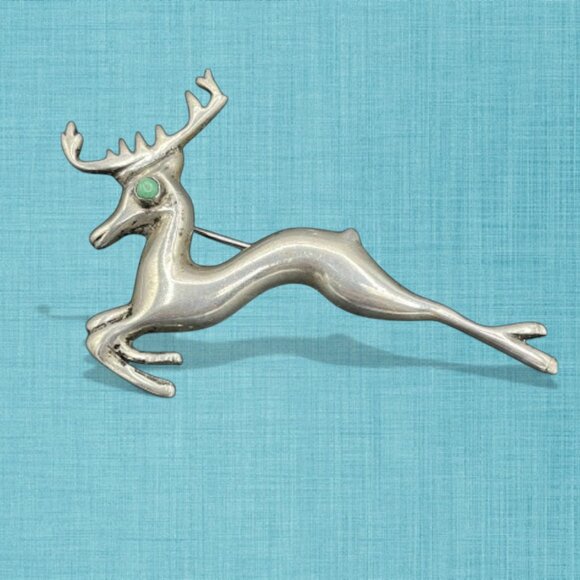 Vintage Old Sterling Silver Turquoise Mexico Deer Stag Brooch Buck - Picture 1 of 13